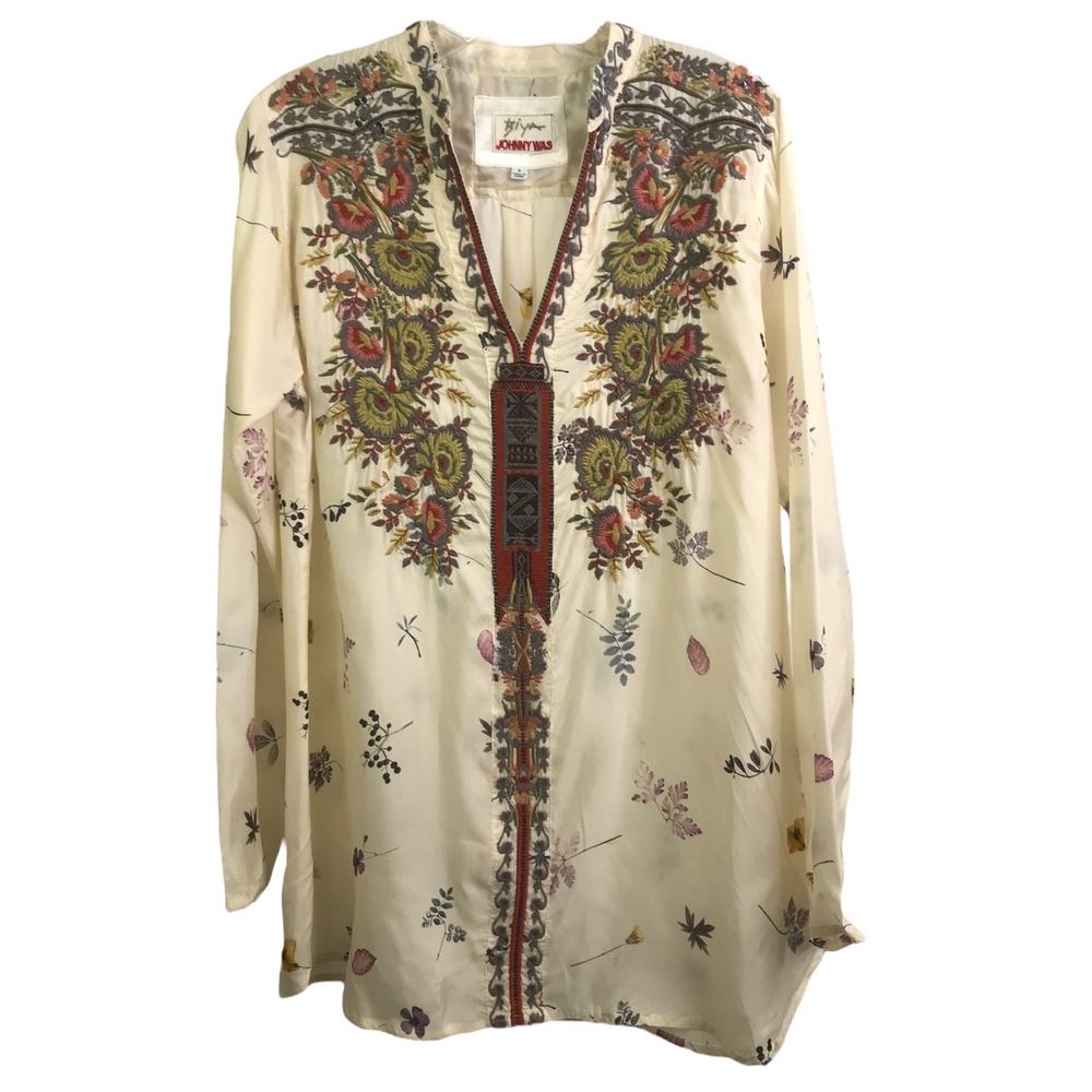 Johnny Was Biya Tunic Top Womens‎ S Cream Embroidered Floral Long Sleeve V-Neck